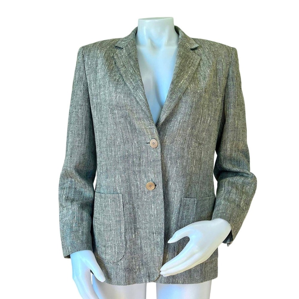 VTG Max Mara Herringbone Blazer Grey Linen Silk Wool Size 10 Designer Workwear
